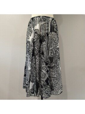 Ruby Rd. Crinkle Maxi Skirt Womens M Black White Paisley Lined Elastic Waist